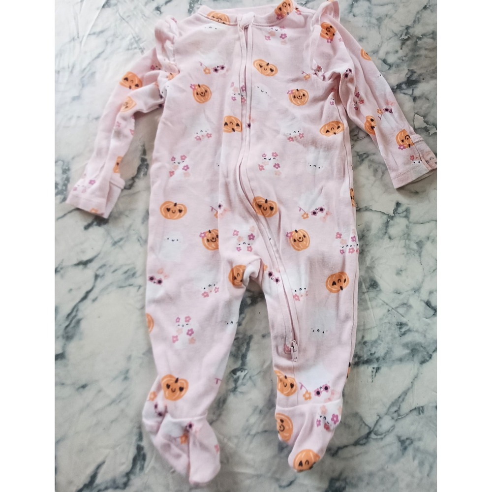 Old Navy Footed Sleeper Baby 3-6M Pink Pumpkin Ghost Halloween Ruffle 2-Way Zip